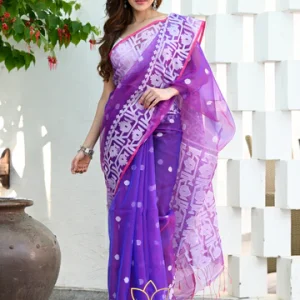 Purple Resham Silk Muslin Handloom Jamdani saree